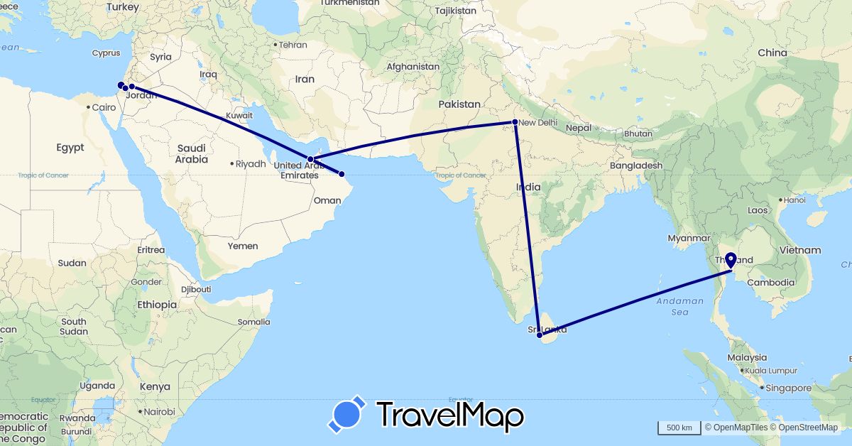 TravelMap itinerary: driving in United Arab Emirates, Israel, India, Jordan, Sri Lanka, Oman, Thailand (Asia)